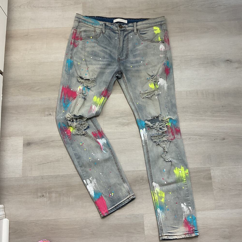 KDNK Trendy Streetwear Distressed Faded Denim Jeans Paint Splattered Mens 36